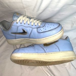 Baby Blue Nike low top air forces, metal swoosh